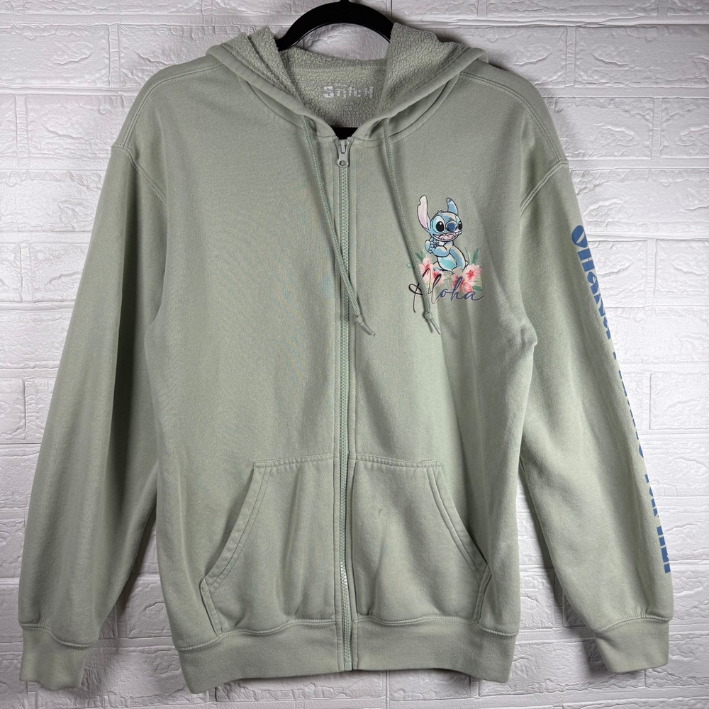 Disney Stitch Zip Up Hoodie Women XS Sage Green Ohana Means Family Graphic